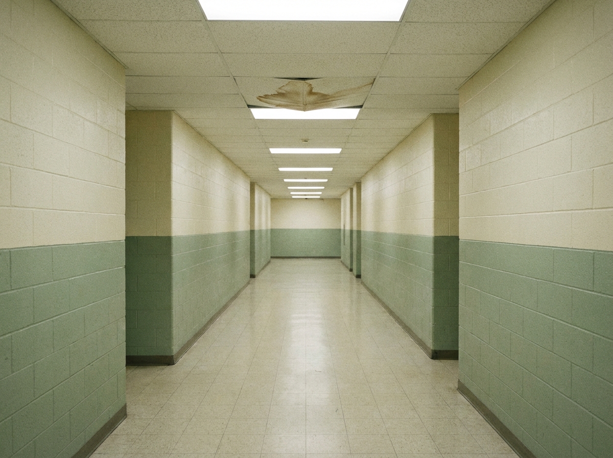 Facilities corridor — sagging water-stained ceiling tile