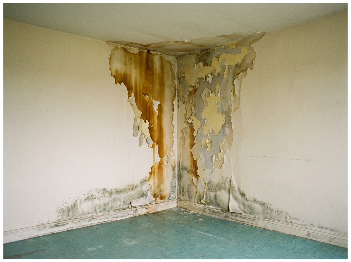 Restoration — water-damaged wall with peeling paint and staining